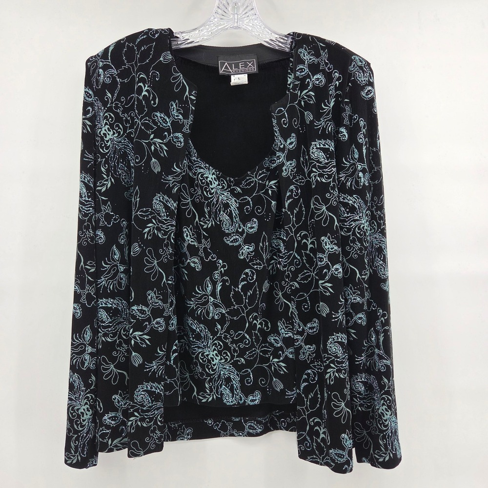 Alex Evenings 2 PC Set L Black Teal Floral Paisley Metallic Party Evening
